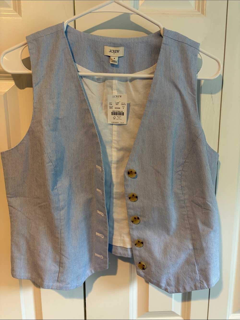 J. Crew Light Blue Striped Cotton Vest with Tortoiseshell Buttons
